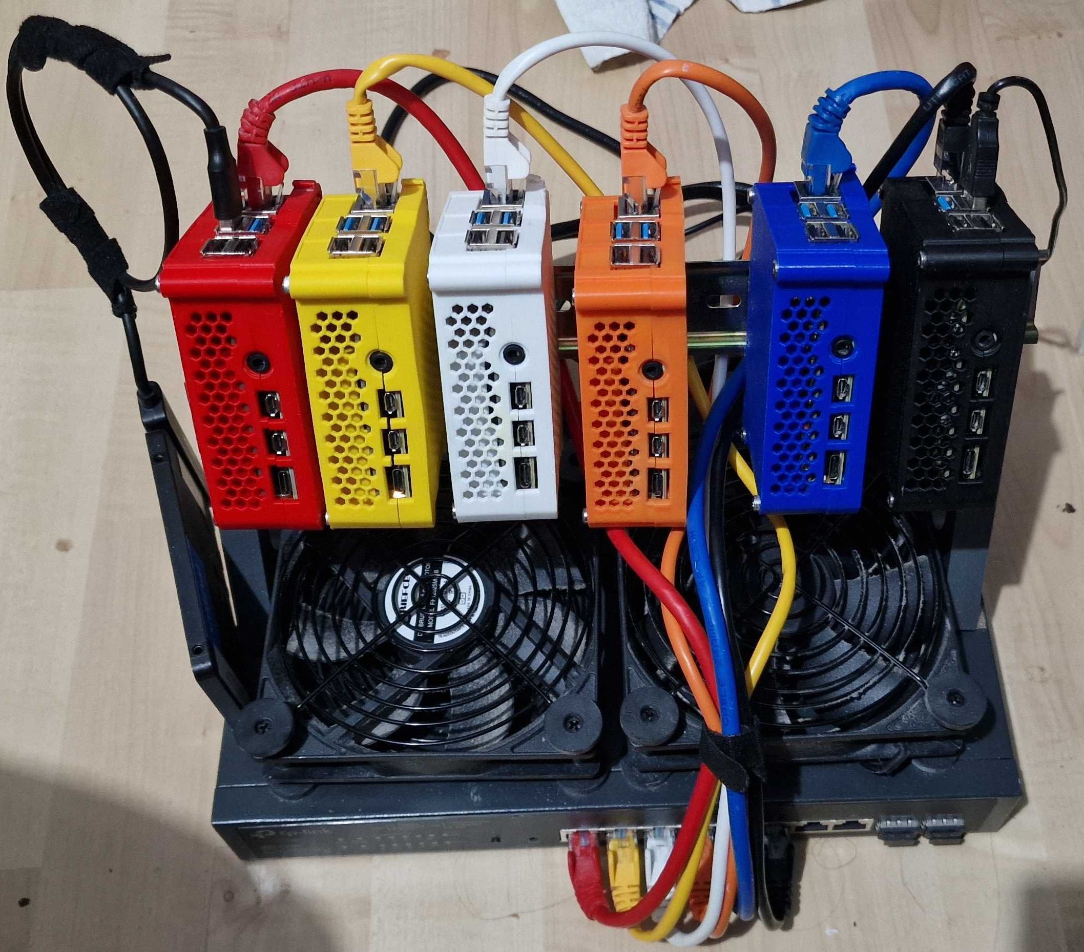 A photo of Raspberry Pi High Performance cluster consisting of six nodes. 